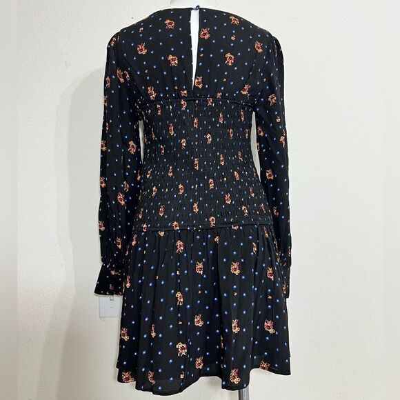 Free People Black Two Faces Milkmaid Smocked Mini Dress Size Small Floral - Picture 4 of 12
